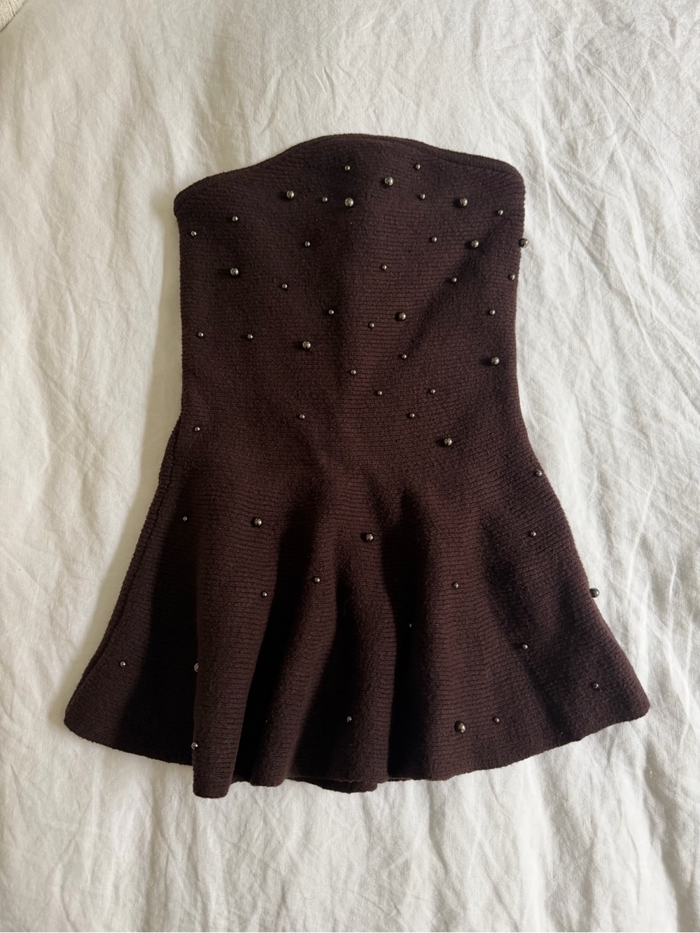 Strapless Brown Knit Top with Bead Embellishments